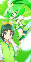Rule 34 | 10s, 2girls, bike shorts, blush, bow, cure march, dual persona, eyelashes, green background, green eyes, green hair, green necktie, green shorts, green skirt, green sweater vest, green theme, kakiuchi itsuki, kicking, long hair, midorikawa nao, multiple girls, necktie, ponytail, precure, shorts, shorts under skirt, skirt, sleeves rolled up, smile, smile precure!, sweater vest, tiara, tri tails