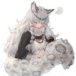 Rule 34 | 1girl, animal ear fluff, animal ears, arknights, black cape, blush, cape, circlet, closed eyes, highres, io (io oekaki), jewelry, large tail, leopard ears, leopard girl, leopard tail, long sleeves, necklace, open mouth, pramanix (arknights), simple background, solo, squiggle, tail, brushing tail, turtleneck, upper body, white background