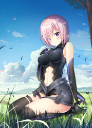 Rule 34 | 1girl, ankle boots, armor, armored dress, bad id, bad pixiv id, bare shoulders, black dress, black gloves, black thighhighs, blue sky, blush, bodysuit, boots, breasts, closed mouth, clothing cutout, cloud, clover, day, dress, elbow gloves, fate/grand order, fate (series), field, full body, gloves, grass, grey footwear, hair over one eye, high heel boots, high heels, legs, light purple hair, looking at viewer, mash kyrielight, medium breasts, navel, navel cutout, outdoors, pink hair, purple eyes, seiza, short hair, sitting, sky, sleeveless, sleeveless dress, smile, solo, sousouman, stomach, thigh strap, thighhighs, thighs, tree, wariza