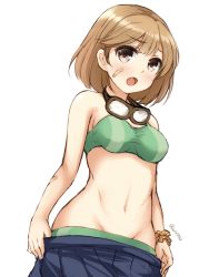 Rule 34 | 10s, 1girl, bandaid, bandaid on arm, bandaid on face, bandaid on nose, brown eyes, brown hair, clothes pull, don (29219), fang, goggles, goggles around neck, groin, kantai collection, looking at viewer, navel, oboro (kancolle), open mouth, scrunchie, short hair, simple background, skirt, skirt pull, solo, stomach, swimsuit, twitter username, white background, wrist scrunchie