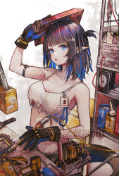 Rule 34 | 1girl, arknights, black gloves, black hair, blue eyes, blue gloves, blue hair, breasts, cable, cleavage, colored inner hair, crop top, eunectes (arknights), eunectes (forgemaster) (arknights), gloves, gun, highres, holding, id card, lanyard, looking at viewer, medium breasts, medium hair, mido (mido chen), multicolored hair, official alternate costume, open mouth, paint can, paint roller, pointy ears, rhodes island logo (arknights), shirt, short ponytail, side ponytail, snake tail, soldering iron, solo, spaghetti strap, sweat, tail, torn clothes, torn shirt, two-tone gloves, two-tone hair, upper body, weapon, white background, white shirt