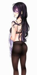 Rule 34 | &gt;:o, 1girl, :o, ass, bad id, bad pixiv id, beifeng han, black bra, black hair, black pantyhose, blush, bra, breasts, crotch seam, from behind, glowing, hair between eyes, highres, large breasts, long hair, looking at viewer, looking back, md5 mismatch, miyaura sanshio, multicolored hair, open mouth, original, panties, panties under pantyhose, pantyhose, profile, purple eyes, purple hair, revision, simple background, solo, thighband pantyhose, thighs, thong, two-tone hair, underwear, underwear only, undressing, v-shaped eyebrows, wavy hair, white background
