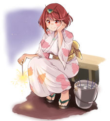 Rule 34 | 1girl, alternate costume, breasts, bucket, chest jewel, closed mouth, flip-flops, floral print, full body, hand on own cheek, hand on own face, highres, japanese clothes, kimono, kurokaze no sora, large breasts, obi, pink kimono, pyra (xenoblade), red eyes, red hair, sandals, sash, short hair, sitting, smile, solo, swept bangs, toes, xenoblade chronicles (series), xenoblade chronicles 2, yukata