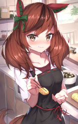 Rule 34 | 1girl, absurdres, animal ears, apron, black apron, blush, brown eyes, brown hair, chopsticks, closed mouth, collarbone, commentary request, food, highres, holding, holding chopsticks, horse ears, horse girl, horse tail, huge filesize, long hair, masaki (msk064), multicolored hair, nice nature (umamusume), omelet, red hair, solo, streaked hair, tail, tamagoyaki, umamusume