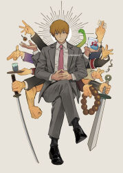 Rule 34 | 1boy, armband, bent spoon, black eyes, business card, closed mouth, collared shirt, crossed legs, extra arms, food, holding, holding plate, invisible chair, kadeart, katana, mob psycho 100, necktie, orange hair, pink necktie, plate, reigen arataka, salt, shirt, sitting, smile, solo, spoon, sword, takoyaki, vambraces, weapon, white shirt