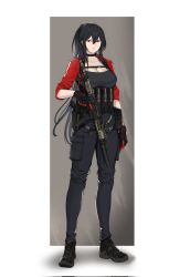 Rule 34 | 1girl, ammunition pouch, assault rifle, black choker, black footwear, black gloves, black hair, black pants, black tank top, breasts, chest strap, choker, cleavage, closed mouth, corrupted twitter file, full body, gloves, gun, handgun, highres, holding, holding gun, holding weapon, holster, holstered, large breasts, long hair, original, pants, pouch, pp-19-01 vityaz, red eyes, red shirt, rifle, seilindekos, shirt, sidelocks, sleeves rolled up, standing, submachine gun, tank top, weapon, white background