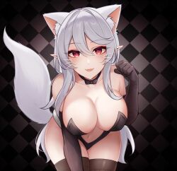 Rule 34 | 1girl, absurdres, ahyra, animal ears, ara ara, bare shoulders, bent over, black gloves, bone, bow, bowtie, breasts, cat ears, cat tail, choker, cleavage, covered erect nipples, demon, demon girl, elbow gloves, gloves, highres, indie virtual youtuber, large breasts, lips, lipstick, long hair, looking at viewer, makeup, mature female, navel, pointy ears, solo, standing, tail, thick thighs, thighhighs, thighs, vampire, virtual youtuber, whiskers, white hair
