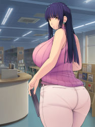 Rule 34 | 1girl, ass, bare arms, blue hair, blush, book, breasts, computer, cowboy shot, curvy, earrings, female focus, floor, from behind, highres, holding, holding book, huge breasts, indoors, jewelry, legs, library, light, long hair, looking back, magazine (object), original, pants, pantylines, parted lips, pink sweater, sideboob, sleeveless, sleeveless sweater, sleeveless turtleneck, solo, standing, sweater, thighs, turtleneck, white pants, yellow eyes, yoko juusuke