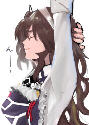 Rule 34 | 1girl, absurdres, adapted costume, apron, ashigara (kancolle), brown hair, closed eyes, collared shirt, commentary request, dress shirt, frilled apron, frills, hairband, highres, ikurabbit, kantai collection, long hair, purple apron, shirt, simple background, smile, solo, stretching, translation request, white background, white hairband, white shirt