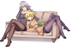 Rule 34 | 2girls, artoria pendragon (all), artoria pendragon (fate), bad id, bad pixiv id, bare shoulders, black legwear, black ribbon, blonde hair, breasts, cleavage cutout, clothing cutout, couch, eating, fate/grand order, fate/stay night, fate (series), gloves, grey hair, hair between eyes, hair ribbon, highres, jeanne d&#039;arc (fate), jeanne d&#039;arc alter (avenger) (fate), jeanne d&#039;arc alter (fate), large breasts, long hair, looking at viewer, medium breasts, multiple girls, neck ribbon, pantyhose, ribbed sweater, ribbon, saber alter, shirokuma a, simple background, sweater, white background, white gloves, yellow eyes