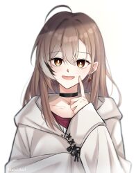 Rule 34 | 1girl, absurdres, ahoge, berry, black choker, brown eyes, brown hair, brown hoodie, choker, earrings, fingernails, highres, hololive, hololive english, hood, hoodie, jewelry, kairiillust, long hair, looking at viewer, multicolored hair, nanashi mumei, nanashi mumei (casual), necklace, official alternate costume, oversized clothes, red shirt, runes, shirt, sleeves past wrists, streaked hair, sweater, virtual youtuber, white sweater