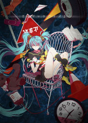 Rule 34 | 1girl, aqua hair, blood, blood bag, book, cat, cellphone, chair, choker, clock, convenient censoring, gloves, hatsune miku, highres, japanese stop sign, kagerou days (vocaloid), kagerou project, liusang, long hair, paper airplane, phone, road sign, school uniform, serafuku, sign, sitting, skirt, socks, solo, stop sign, stuffed animal, stuffed toy, teddy bear, tire, traffic cone, translated, translation request, twintails, very long hair, vocaloid, wind chime