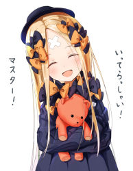 Rule 34 | abigail williams (fate), bandaid, bandaid on face, bandaid on forehead, black bow, black dress, black hat, blonde hair, bow, closed eyes, crossed bandaids, dress, fate/grand order, fate (series), forehead, hair bow, hat, hugging object, keyhole, long hair, multiple hair bows, orange bow, parted bangs, polka dot, polka dot bow, ribbed dress, sakazakinchan, simple background, sleeves past fingers, sleeves past wrists, smile, solo, stuffed animal, stuffed toy, teddy bear, translation request, white background, white legwear