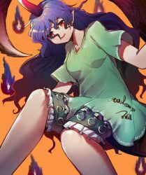 Rule 34 | 1girl, absurdres, breasts, clothes writing, feet out of frame, green shirt, green shorts, highres, horns, long hair, open mouth, orange background, pointy ears, purple hair, red eyes, red horns, shirt, shishui guima, short sleeves, shorts, simple background, single horn, small breasts, solo, tail, tenkajin chiyari, touhou, unfinished dream of all living ghost