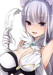 Rule 34 | 1girl, armpits, bare shoulders, breasts, buta tamako, cleavage, female focus, gloves, granblue fantasy, highres, korwa, long hair, looking at viewer, open mouth, silver hair, simple background, sleeveless, solo, white background, white gloves