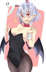 Rule 34 | !?, 1girl, animal ears, bat wings, blue hair, blush, bow, bowtie, breasts, brown pantyhose, cleavage, detached collar, highleg, highres, kemonomimi mode, leotard, looking down, onineko-chan, open mouth, pantyhose, pink background, playboy bunny, pointy ears, rabbit ears, rabbit tail, red eyes, remilia scarlet, short hair, small breasts, solo, tail, tears, touhou, wings, wrist cuffs