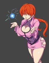 Rule 34 | 1girl, attp, aura, bad id, bad pixiv id, breasts, cleavage, cleavage cutout, clothing cutout, covered erect nipples, earrings, hair over eyes, highres, jewelry, large breasts, miniskirt, ponytail, red hair, shermie (kof), simple background, skirt, snk, solo, the king of fighters, thick thighs, thighs