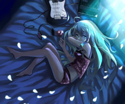 Rule 34 | 1girl, apple, bad id, bad pixiv id, camisole, electric guitar, food, fruit, green eyes, green hair, guitar, hatsune miku, headphones, instrument, kzhu, long hair, lying, matching hair/eyes, on side, petals, romeo to cinderella (vocaloid), solo, vocaloid