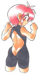 Rule 34 | 1girl, arms up, artist request, ass, bare back, black one-piece swimsuit, blush, butt crack, character request, copyright request, looking at viewer, looking back, one-piece swimsuit, pink eyes, pink hair, short hair, simple background, smile, solo, swimsuit, traditional media, white background