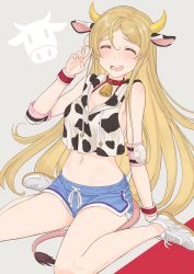 Rule 34 | 1girl, ^ ^, ahoge, animal ears, animal print, bare shoulders, bell, blonde hair, blue shorts, blush, breasts, cleavage, closed eyes, collar, collarbone, commentary request, cow ears, cow girl, cow horns, cow print, cow tail, cowbell, crop top, crop top overhang, dolphin shorts, drawstring, elbow pads, embarrassed, extra ears, facing viewer, grey background, hair between eyes, hand up, highres, hood, hood down, hoodie, horns, idolmaster, idolmaster million live!, long hair, medium breasts, midriff, navel, neck bell, open mouth, parted bangs, print hoodie, raised eyebrows, razi, red background, shinomiya karen, shoes, short shorts, shorts, side slit, side slit shorts, sideboob, sitting, sleeveless, sleeveless hoodie, sneakers, solo, stomach, sweatband, sweatdrop, tail, two-tone background, v, very long hair, wariza, wavy hair, wavy mouth, white footwear