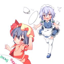Rule 34 | 2girls, ^^^, apron, arms up, ascot, blouse, blue footwear, blue hair, blue skirt, blue vest, blush, braid, brooch, candy, commentary request, cup, cycloneyukari, dropping, food, hair between eyes, hair ribbon, hand in own hair, hat, izayoi sakuya, jewelry, looking to the side, looking up, maid headdress, mob cap, multiple girls, outstretched arms, pink headwear, pink shirt, pink skirt, platform footwear, puffy short sleeves, puffy sleeves, red ascot, red eyes, remilia scarlet, ribbon, shirt, short hair, short sleeves, silver hair, simple background, skirt, smile, spread arms, standing, standing on one leg, table, teacup, thighhighs, touhou, tray, tress ribbon, twin braids, vest, waist apron, white background, white legwear, white shirt