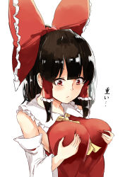 Rule 34 | 1girl, ascot, between breasts, black hair, blouse, blunt bangs, bow, breasts, deetamu, detached sleeves, eyebrows hidden by hair, grabbing own breast, hair bow, hair tubes, hakurei reimu, highres, large breasts, long hair, looking down, ponytail, red bow, red eyes, red shirt, shirt, simple background, sleeveless, sleeveless shirt, solo, touhou, upper body, vest, white background