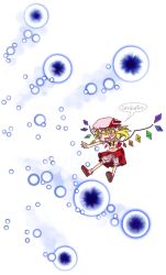 Rule 34 | 1girl, blonde hair, blush, chibi, danmaku, embodiment of scarlet devil, fang, female focus, flandre scarlet, flying, hat, o o, oso (toolate), outstretched arms, simple background, solo, touhou, wings