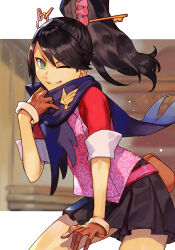 Rule 34 | 1girl, ace attorney, ace attorney investigations, ace attorney investigations: miles edgeworth, black hair, bright pupils, brown hair, cowboy shot, gloves, green eyes, grin, high ponytail, hungry clicker, kay faraday, looking at viewer, one eye closed, pleated skirt, scarf, skirt, sleeves rolled up, smile, standing, swept bangs, white pupils