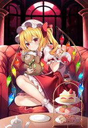 Rule 34 | 1girl, blonde hair, bow, cake, flandre scarlet, food, fruit, hat, highres, jacket, looking at viewer, macaron, mob cap, moon, plate, red bow, red eyes, red jacket, red nails, red skirt, red sky, ruhika, scarlet devil mansion, shirt, sitting, skirt, sky, smile, solo, strawberry, strawberry shortcake, strawberry slice, stuffed animal, stuffed toy, teapot, teddy bear, tiered tray, touhou, white hat, white shirt
