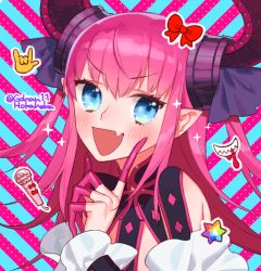 Rule 34 | 1girl, blue eyes, blush, curled horns, elizabeth bathory (fate), elizabeth bathory (fate/extra ccc), elizabeth bathory (first ascension) (fate), fate/extra, fate/extra ccc, fate/grand order, fate (series), finger cots, horns, idol, long hair, looking at viewer, microphone, open mouth, pink hair, pointy ears, saint quartz (fate), sara (kurome1127), smile, solo, twitter username, two side up, upper body