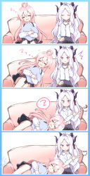 Rule 34 | 4koma, :d, absurdres, ahoge, blue archive, coffee, coffee mug, collared shirt, comic, commentary request, couch, cup, demon girl, demon horns, drooling, forehead, hair between eyes, halo, highres, hina (blue archive), holding, holding cup, horns, hoshino (blue archive), long hair, long sleeves, looking at another, lying on lap, mug, hugging object, on couch, open mouth, parted bangs, pencil skirt, pillow, pillow hug, pink hair, plaid, plaid skirt, pleated skirt, purple eyes, school uniform, shirt, sidelocks, silent comic, simple background, sitting, skirt, sleeping, sleeping on person, smile, surprised, sweat, nervous sweating, usetsusakon2, wavy hair, white hair, white shirt, zzz