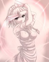 Rule 34 | 1girl, apron, between fingers, braid, breasts, covered erect nipples, female focus, holding, impossible clothes, izayoi sakuya, knife, magic circle, maid, maid apron, maid headdress, monochrome, pink theme, side braid, solo, throwing knife, touhou, twin braids, uni8, weapon
