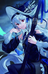 Rule 34 | 1girl, arknights, bare shoulders, black dress, black thighhighs, blue hat, blue nails, blurry, blurry background, breasts, cloud, cloudy sky, coral, depth of field, dress, grey hair, grey pantyhose, hair between eyes, hand up, hat, highres, holding, long hair, looking at viewer, medium breasts, nail polish, oxy (ho2), pantyhose, red eyes, skindentation, sky, smile, solo, specter (arknights), specter the unchained (arknights), thighhighs, thighhighs over pantyhose, very long hair