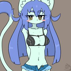 Rule 34 | 1girl, blue hair, cat, furry, furry female, long hair, looking at viewer, navel, scarf, smile, solo, the amboina, yellow eyes