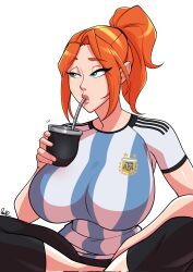 Rule 34 | 1girl, 2022, 2022 fifa world cup, :&gt;=, argentina, argentinian flag, argentinian flag print, bouncing breasts, breasts, cheering, clenched hands, confetti, crossed legs, drinking, flag print, green eyes, highres, huge breasts, lips, long hair, looking to the side, mate, multicolored hair, orange hair, original, pavard, shirt, simple background, sitting, soccer uniform, solo, sportswear, striped clothes, striped shirt, two-tone shirt, vertical-striped clothes, vertical-striped shirt, white background, white hair, wide hips, world cup