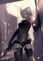 Rule 34 | 1girl, absurdres, alternate hair length, alternate hairstyle, aqua eyes, bare shoulders, black gloves, black shorts, black thighhighs, breasts, building, closed mouth, cloud, cloudy sky, collarbone, crane (machine), dirty, dirty clothes, dual wielding, elbow gloves, gloves, hair over eyes, hair over one eye, highres, holding, holding sword, holding weapon, light rays, medium breasts, mole, mole under mouth, nier (series), nier:automata, outdoors, short hair, shorts, silver hair, sky, solo, sunbeam, sunlight, sword, thighhighs, weapon, yasu (segawahiroyasu), a2 (nier:automata)