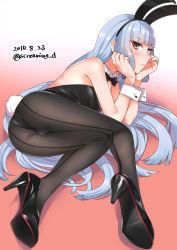 Rule 34 | 10s, 1girl, 2015, :t, animal ears, ass, back-seamed legwear, bad id, bad pixiv id, black pantyhose, blue hair, blunt bangs, bow, bowtie, brown eyes, dated, detached collar, fake animal ears, fake tail, head rest, high heels, highres, kantai collection, kyuuso inukami, legs, leotard, long hair, looking at viewer, lying, murakumo (kancolle), on side, pantyhose, playboy bunny, rabbit ears, rabbit tail, seamed legwear, shoe soles, sidelocks, solo, tail, twitter username, wrist cuffs