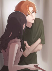 Rule 34 | 1boy, 1girl, absurdres, blonde hair, brown hair, commentary request, crossed arms, green eyes, green shirt, highres, locked arms, long hair, looking up, multicolored hair, official alternate hair length, official alternate hairstyle, open mouth, orange hair, pink shirt, project sekai, sa tsuko, shinonome akito, shinonome ena, shirt, siblings, streaked hair
