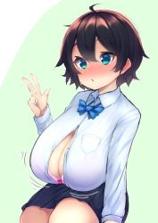 Rule 34 | 1girl, :d, ahoge, black hair, black skirt, blue bow, blush, bow, bow bra, bowtie, bra, breasts, bursting breasts, cleavage, collared shirt, cowboy shot, embarrassed, closed eyes, full-face blush, green background, hand up, huge breasts, long sleeves, looking at viewer, messy hair, miniskirt, motion lines, nervous, open clothes, open mouth, open shirt, original, parted lips, pink bra, sagging breasts, school uniform, see-through, see-through shirt, shirt, short hair, shortstack, sitting, skirt, smile, solo, sweat, taut clothes, underwear, v, wardrobe malfunction, watari1118, waving, white shirt