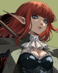 1girl ascot blue_eyes blunt_bangs breasts bustier cleavage coat collared_coat commentary_request eyelashes green_background highres hulkenberg_(metaphor:_refantazio) long_hair looking_at_viewer macossa medium_breasts metaphor:_refantazio pointy_ears polearm red_hair simple_background solo upper_body weapon white_ascot