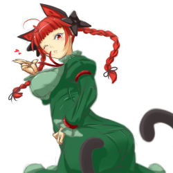 Rule 34 | 1girl, animal ears, braid, breasts, cat ears, cat tail, eyebrows hidden by hair, heart, himenomikan, kaenbyou rin, large breasts, long hair, multiple tails, one eye closed, red eyes, red hair, solo, tail, touhou, twin braids, twisted torso