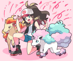 Rule 34 | 1girl, :d, antenna hair, bare arms, black vest, boots, brown hair, commentary request, creatures (company), eyelashes, galarian form, galarian ponyta, game freak, gen 1 pokemon, gen 8 pokemon, green eyes, hand on headwear, hands up, hat, highres, hilda (pokemon), holding, holding poke ball, long hair, nintendo, on one knee, open clothes, open mouth, open vest, pink background, poke ball, poke ball (basic), pokemon, pokemon (creature), pokemon bw, ponyta, shirt, shorts, sidelocks, smile, socks, sutokame, tongue, vest, w arms, white headwear, white shirt