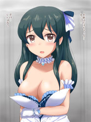 Rule 34 | 1girl, bare shoulders, black hair, blush, breasts, brown eyes, choker, commentary request, dress, gloves, idolmaster, idolmaster cinderella girls, idolmaster cinderella girls starlight stage, long hair, looking at viewer, medium breasts, no bra, ohishi izumi, open mouth, solo, starry sky bright, translation request, wardrobe malfunction, white gloves, yoshiwo (kanikama)