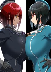 Rule 34 | 2girls, black gloves, black hair, breast contest, breast press, breasts, dark skin, dark-skinned female, dual persona, eye contact, gloves, hands on own hips, hat, highres, huge breasts, kantai collection, kloah, looking at another, multiple girls, red eyes, red hair, symmetrical docking, takao (kancolle), white background, yellow eyes