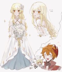 Rule 34 | 1boy, 2girls, ?, bad id, bad twitter id, bare shoulders, blonde hair, blush, bouquet, breasts, bridal veil, cape, closed eyes, closed mouth, detached sleeves, dress, earrings, flower, genshin impact, hair between eyes, hair flower, hair ornament, halo, highres, holding, holding bouquet, jewelry, long hair, long sleeves, looking at viewer, lumine (genshin impact), mask, mask on head, multiple girls, open mouth, orange hair, paimon (genshin impact), scarf, short hair, simple background, single earring, smile, sparkle, speech bubble, sweatdrop, tartaglia (genshin impact), veil, wedding dress, white background, white dress, white flower, white hair, yellow eyes, ym x74
