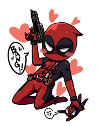 Rule 34 | 2boys, angry, belt, blush, bodysuit, chibi, deadpool, deadpool (series), gun, heart, marvel, mask, mini person, miniboy, multiple boys, size difference, spider-man, spider-man (series), text focus, weapon