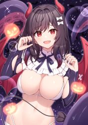 Rule 34 | 1girl, azur lane, bikini, black hair, black nails, bow, breasts, cleavage, demon girl, demon horns, demon tail, demon wings, detached collar, fang, frilled shirt collar, frills, hair bow, hands up, highleg, highleg bikini, highres, horns, jack-o&#039;-lantern, large breasts, long sleeves, looking at viewer, medium hair, nail polish, navel, neck ribbon, official alternate costume, open mouth, red eyes, ribbon, royal fortune (azur lane), royal fortune (treats from the deep) (azur lane), skindentation, smile, solo, stomach, string bikini, swimsuit, t@ke-g, tail, tentacles, upper body, white bikini, wings