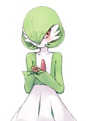 Rule 34 | 1girl, blush, bob cut, closed mouth, collarbone, colored skin, creatures (company), embarrassed, female focus, flat chest, flower, game freak, gardevoir, gen 3 pokemon, green hair, green skin, hair over one eye, hands up, holding, holding flower, holding jewelry, holding ring, jewelry, looking at viewer, multicolored skin, nintendo, one eye covered, orange flower, own hands together, pokemon, pokemon (creature), red eyes, ring, ripu (lipi), short hair, shy, simple background, solo, standing, two-tone skin, upper body, white background, white skin