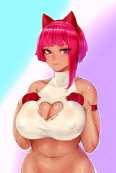 Rule 34 | 1girl, arm strap, asymmetrical hair, bare arms, bare shoulders, blunt bangs, breasts, cleavage, cleavage cutout, clothing cutout, covered erect nipples, gloves, hairband, hands on own chest, heart cutout, huge breasts, large breasts, midriff, mole, mole under mouth, navel, original, pink eyes, red gloves, red hair, short hair, simple background, smile, solo, upper body, zcune