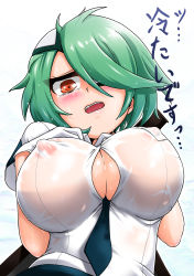 Rule 34 | 1girl, between breasts, blush, breast suppress, breasts, bursting breasts, cleavage, crying, eyepatch, gloves, green hair, hair over one eye, highres, impossible clothes, large breasts, looking down, necktie, nipples, open clothes, open mouth, open shirt, orange eyes, otonashi kiruko, police, police uniform, saliva, see-through, shinmai fukei kiruko-san, shirt, short hair, simple background, skirt, solo, sweat, tears, uniform, white background, yazuki gennojou
